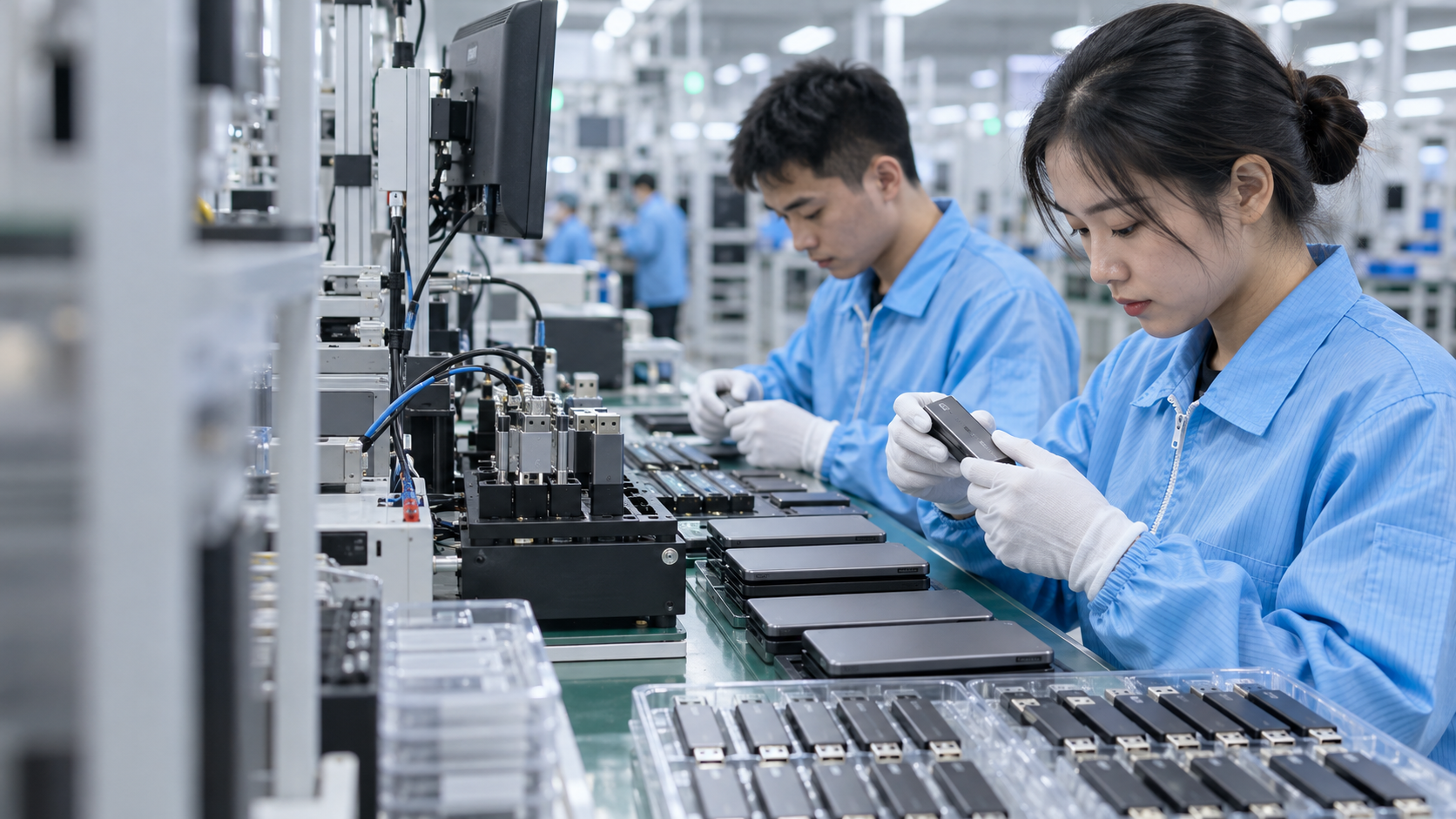Asian technicians testing storage devices in a Shenzhen electronics factory