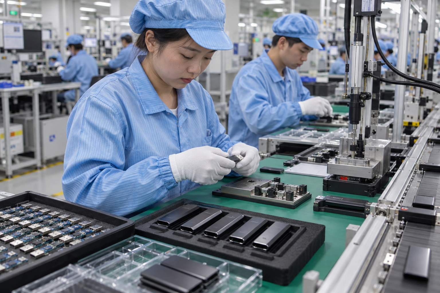 Production team working on computer memory modules