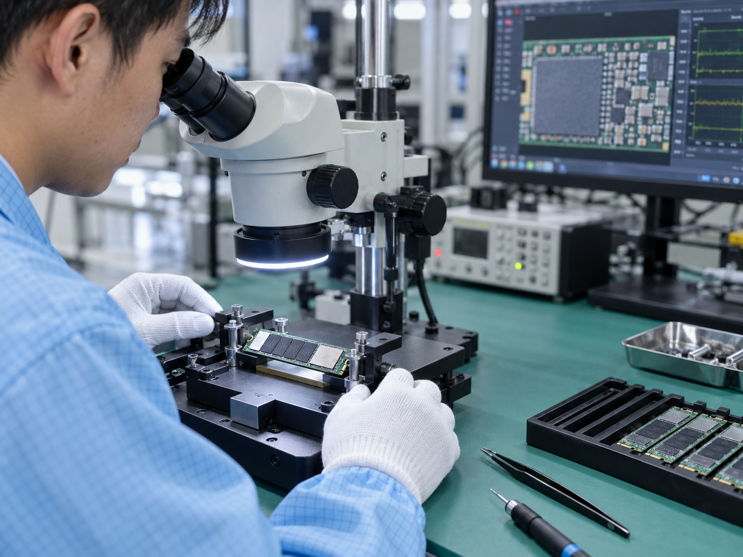 Technician performing SSD quality-control testing