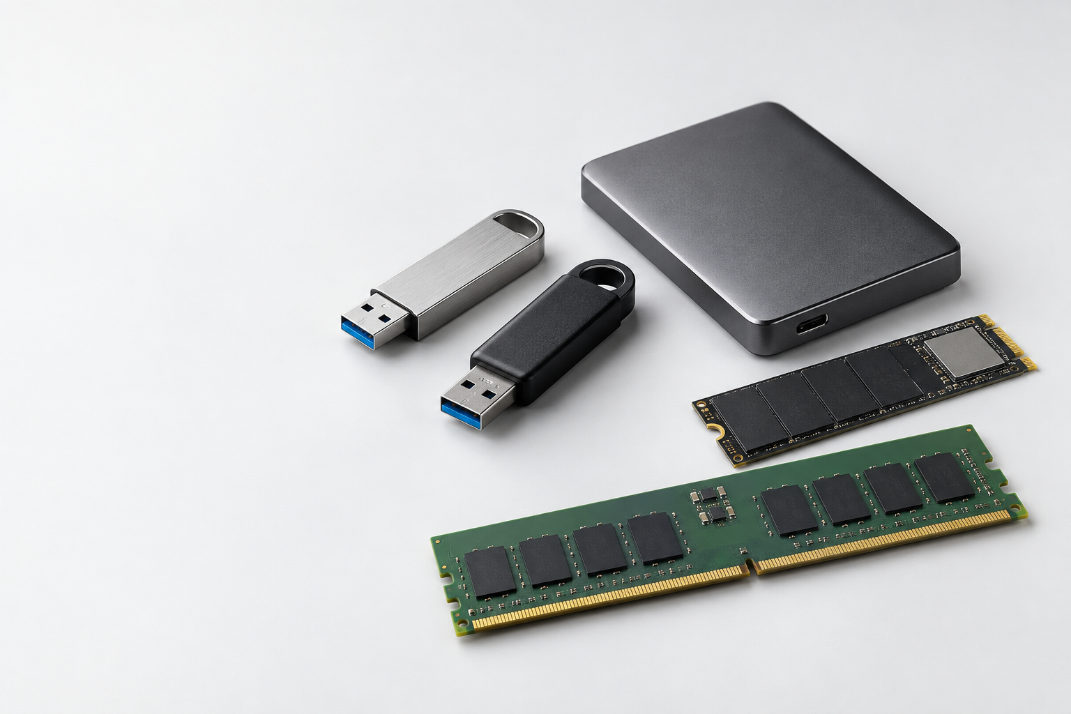 USB flash drives, external SSD, NVMe SSD and memory module